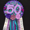 Birthday badge-Rosette Personalised - Purple Flower theme - 50th- female