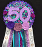 Birthday badge-Rosette Personalised - Purple Flower theme - 50th- female