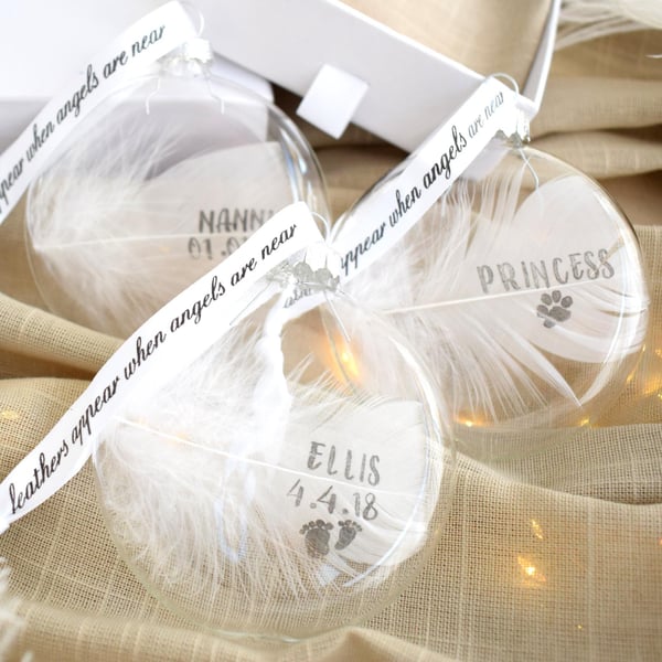 Gift Boxed Personalised Name Date Feather Bauble. Family Christmas Decoration 20