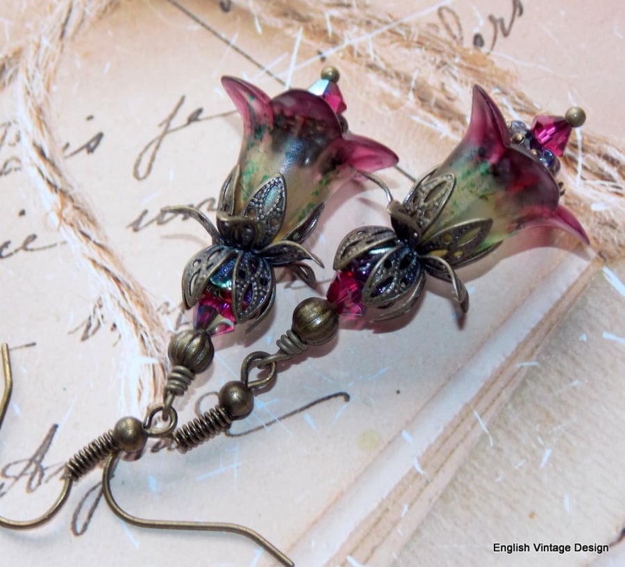 Red and Green "Honeysuckle" Hand Painted Lucite Flower Earrings