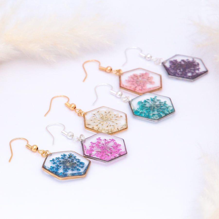 Dangle Earrings, hexagon pendant with a real queen anne's lace flower
