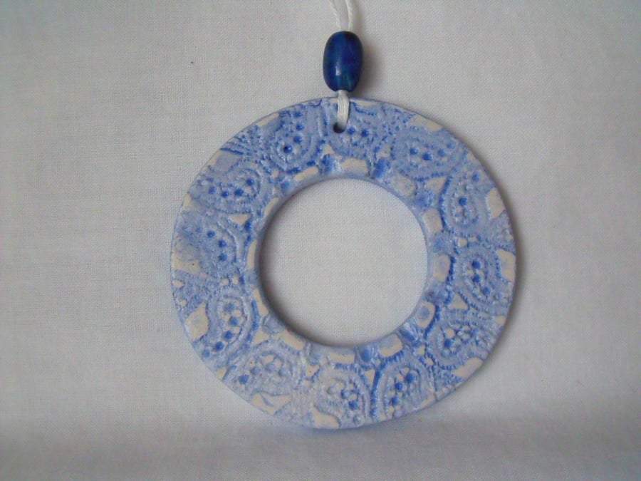 ceramic lace wreath hanging decoration in blue