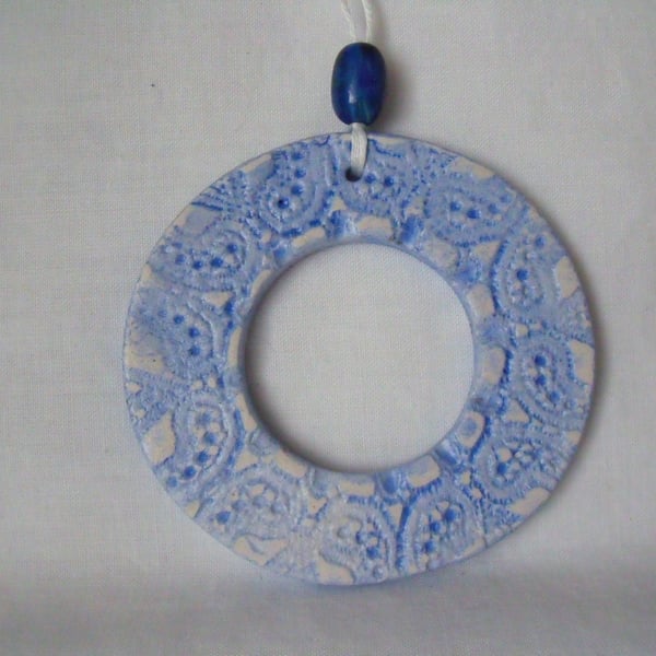 ceramic lace wreath hanging decoration in blue