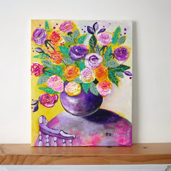 Purple Rose Painting, Abstract Expressionism Artwork, Modern Art for Home Decor
