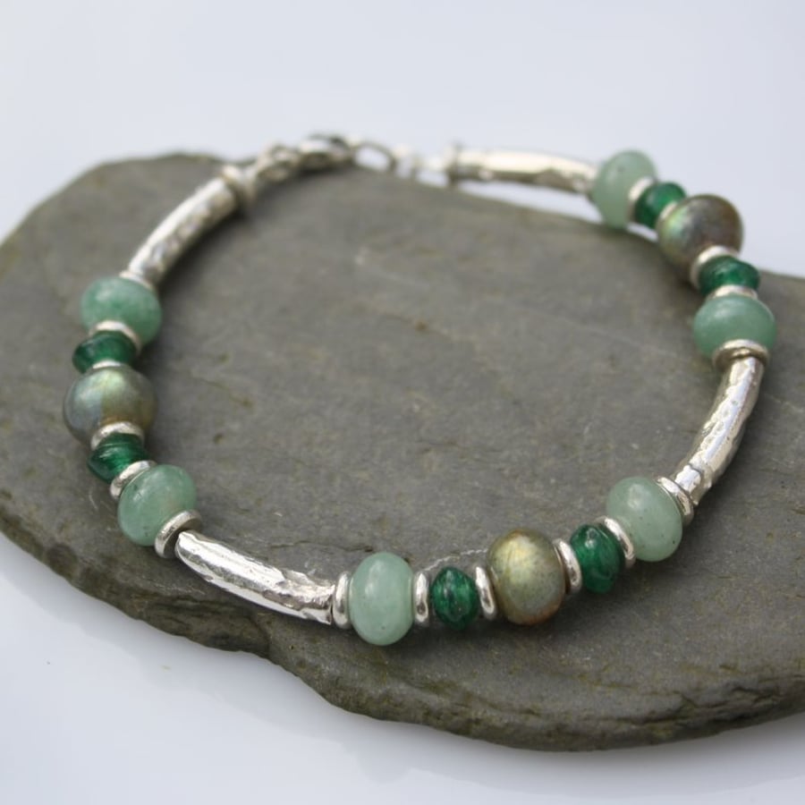 Silver labradorite, amazonite and aventurine bracelet