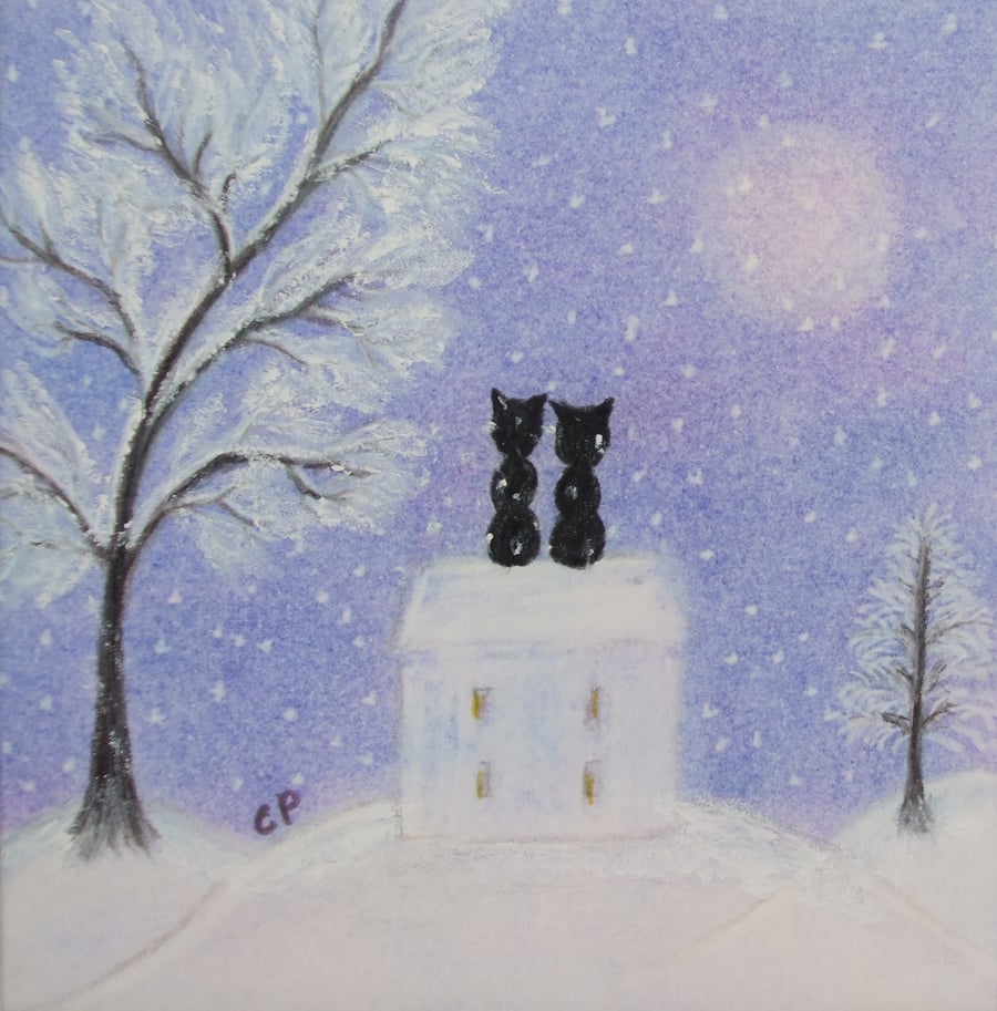 Cat Christmas Card for Her, Love Art Card, Romantic House Snow Moon Card, Tree