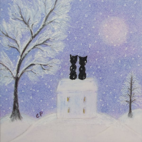 Cat Christmas Card for Her, Love Art Card, Romantic House Snow Moon Card, Tree