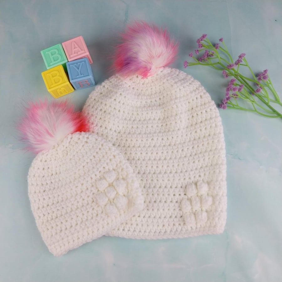Matching Mum and Baby Crochet Hats, White Beanies with Pink Faux Fur Pom Poms 