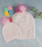 Matching Mum and Baby Crochet Hats, White Beanies with Pink Faux Fur Pom Poms  - Image 1