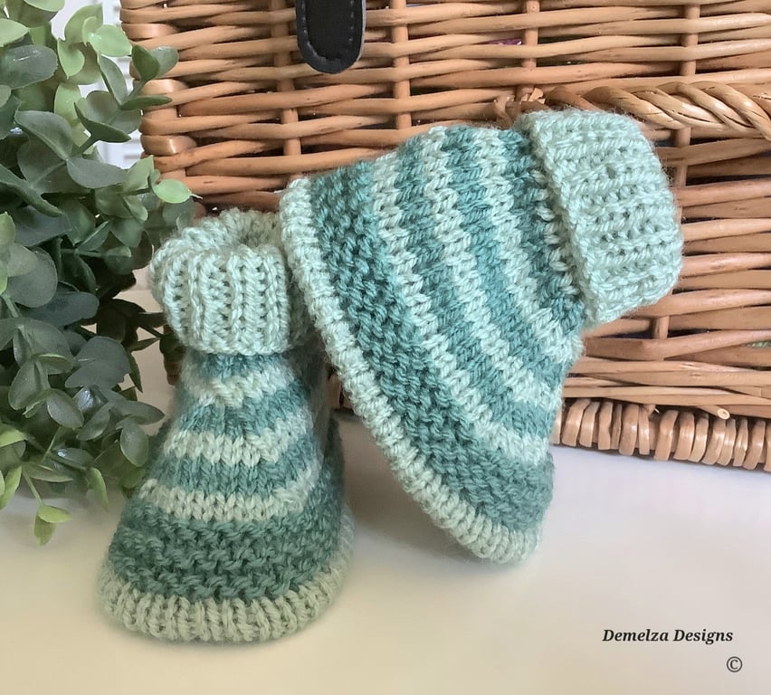 Baby Boy's Hand Knitted Stripey Booties 3-6 months size 