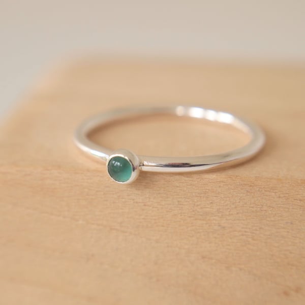 Green Agate Small Gemstone Ring - 3mm cabochon and Sterling Silver