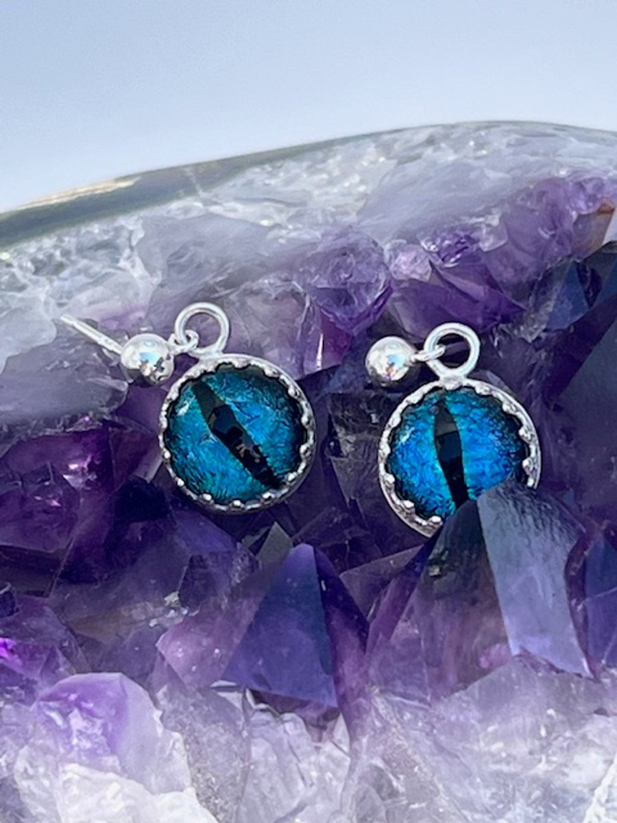 Silver earrings with sparkly blue fused glass - resembles an eye