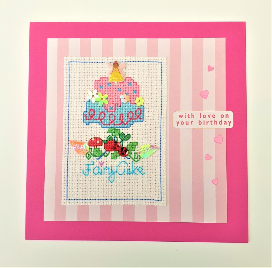Fairy cake birthday cross stitch card with sequin detail