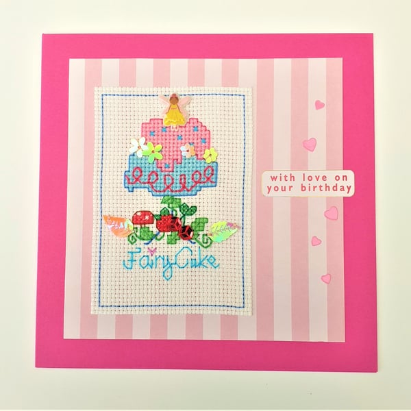 Fairy cake birthday cross stitch card with sequin detail