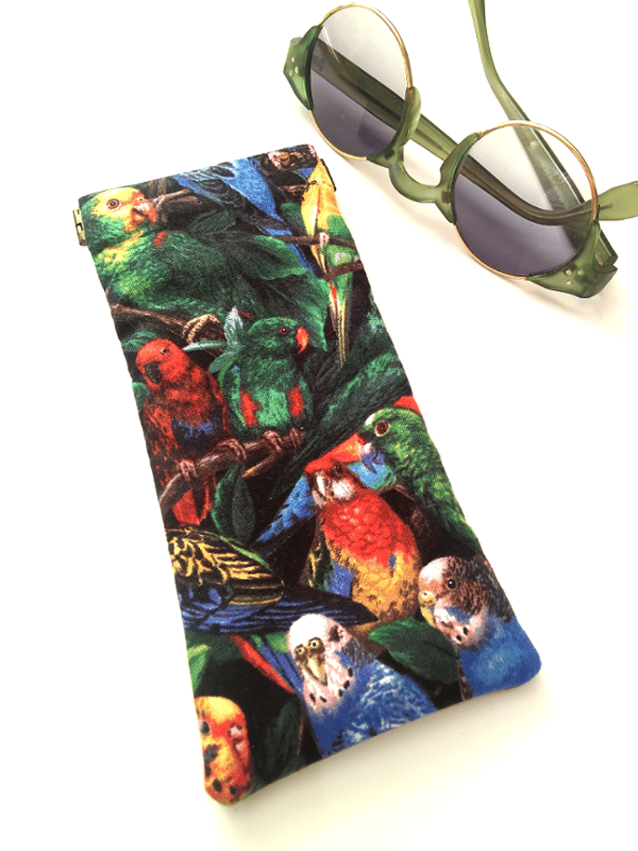 Multicoloured parrots spectacles case, flex frame, pinch purse, POSTAGE INCLUDED