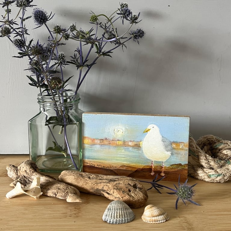 Small original painting of a seagull wood