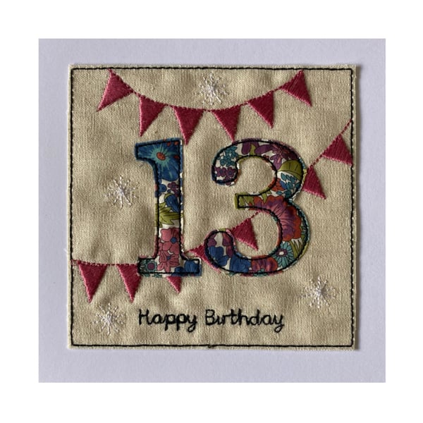 13th Bunting Birthday Card, Teen Girl Liberty Floral Card, 13th Teenager Card