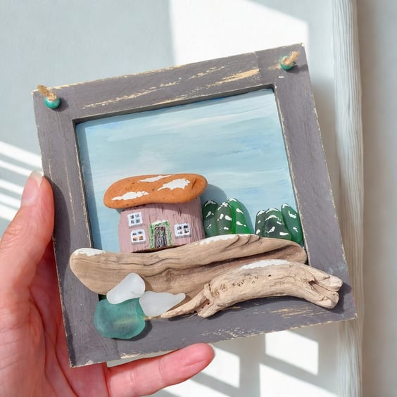 Sea Glass Art Picture, Driftwood, Coastal Wall Hanging, Rustic Wall Art