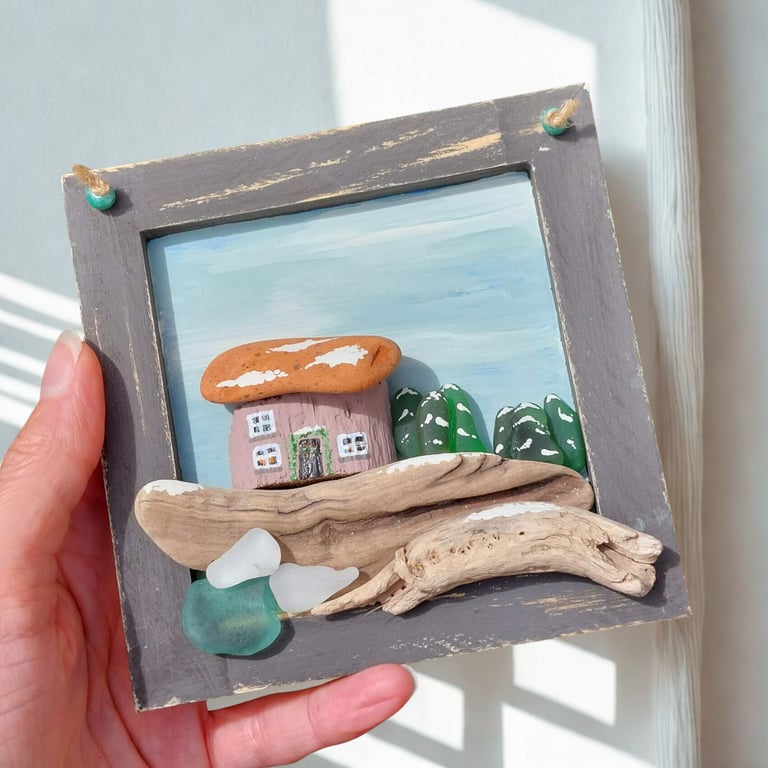 Sea Glass Art Picture, Driftwood, Coastal Wall Hanging, Rustic Wall Art