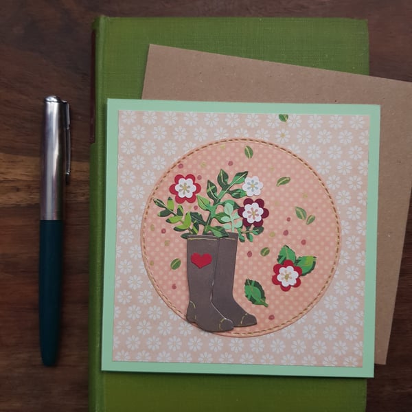 Whimsical Gardening Boots with Flowers, Daisies handmade blank card, keepsake