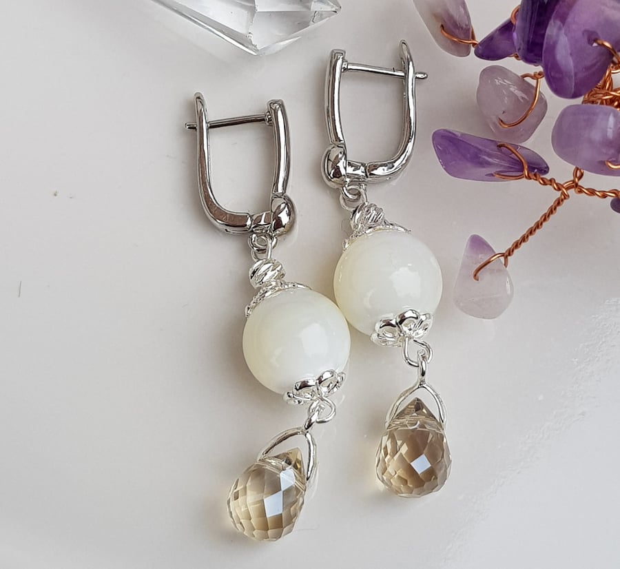 Handmade drop earrings, white mother of pearl and Austrian glass crystals