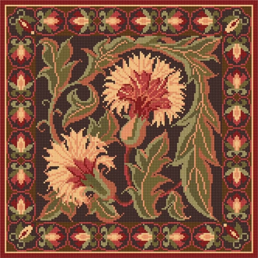 Autumn Carnation Tile Tapestry Kit, Counted Cross-stitch, Arts and Crafts Style 