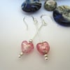 Heart earrings Venetian murano glass & Silver Pink.  Drop Dangle 