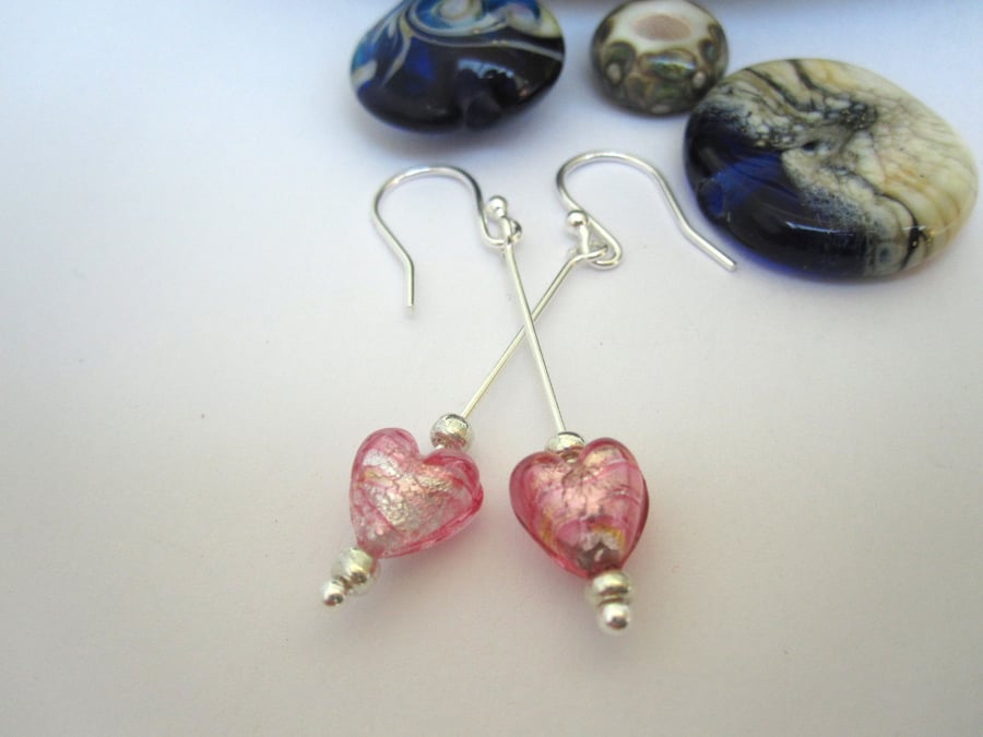 Heart earrings Venetian murano glass & Silver Pink.  Drop Dangle 