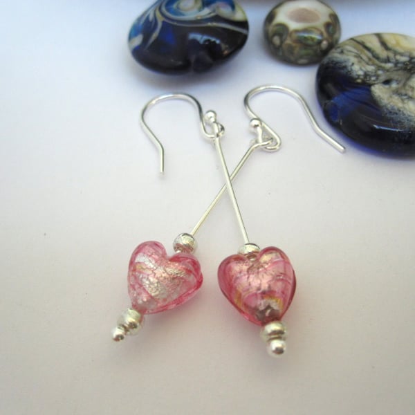 Heart earrings Venetian murano glass & Silver Pink.  Drop Dangle 