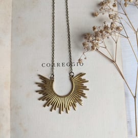 Sunburst golden brass necklace - textured brass horseshoe on fine chain - deco