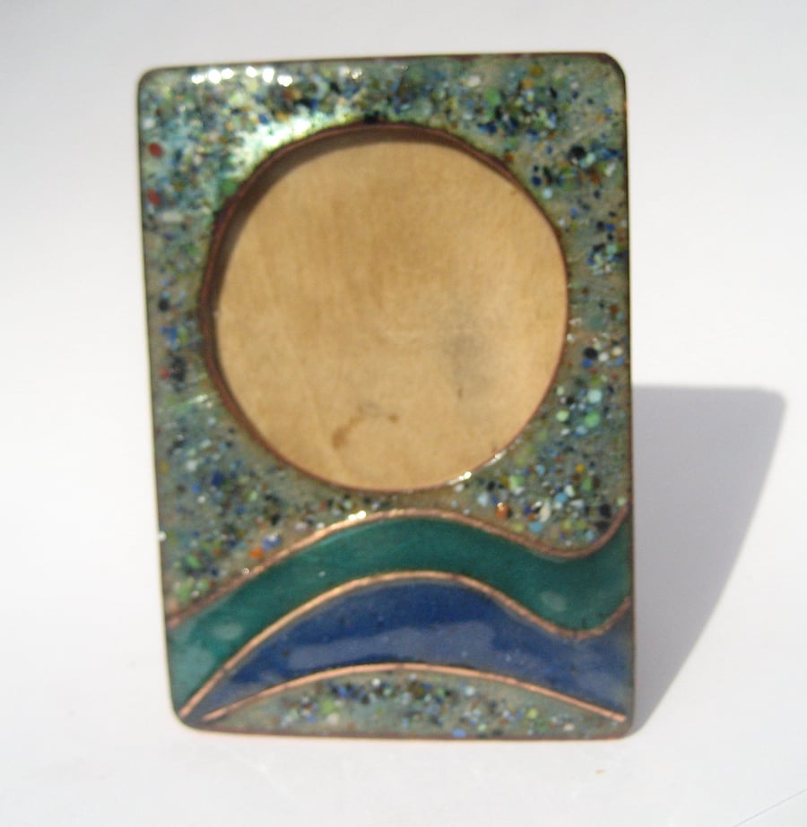 Enamelled photo frame in copper -Blues and greens abstract design