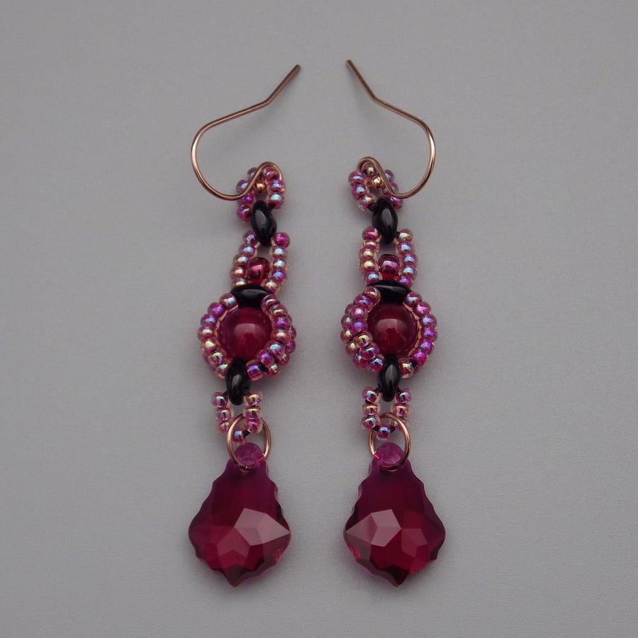 Gothic dark pink beadwoven agate and baroque crystal drop earrings 