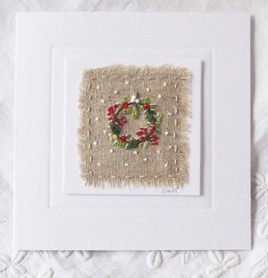HAND EMBROIDERED CHRISTMAS CARD  FOLIAGE WREATH  