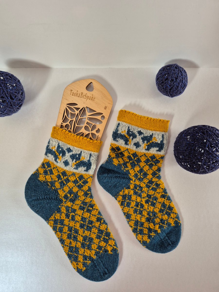 Hand knitted socks, Wool blend socks, Blue Yellow Scottie socks