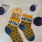 Hand knitted socks, Wool blend socks, Blue Yellow Scottie socks