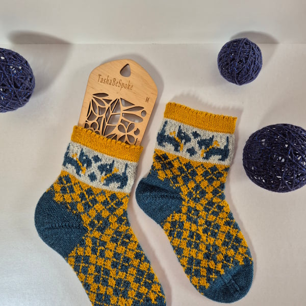 Hand knitted socks, Wool blend socks, Blue Yellow Scottie socks