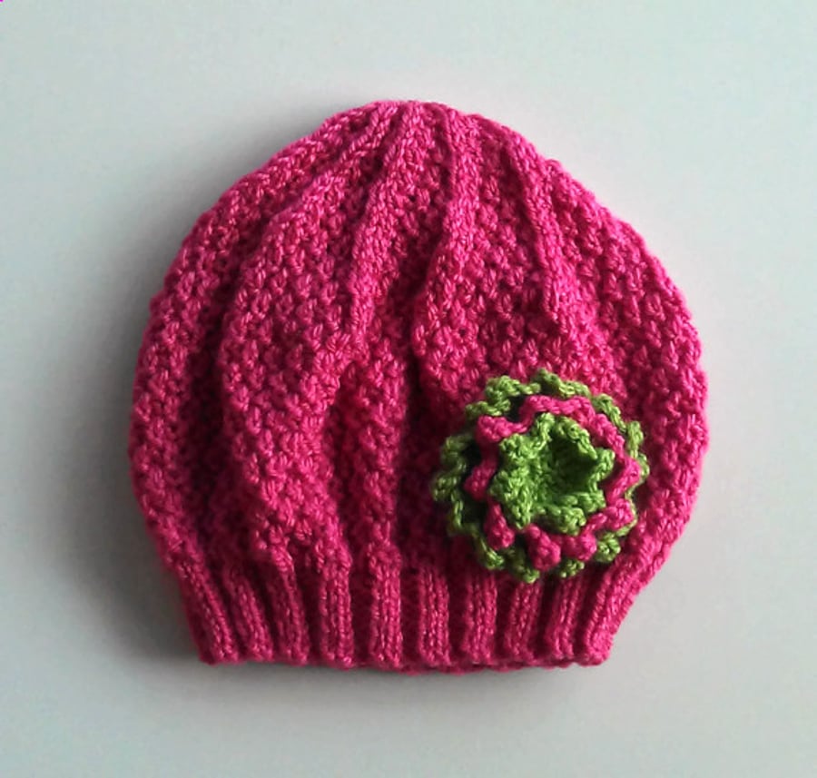  Girls Beanie Flower Hat in Strawberry Pink & Green - Size Medium 5 to 10 years