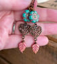 Colourful Turquoise Czech Glass Anemone Flower Earrings with Rose Pink Leaves - Image 3