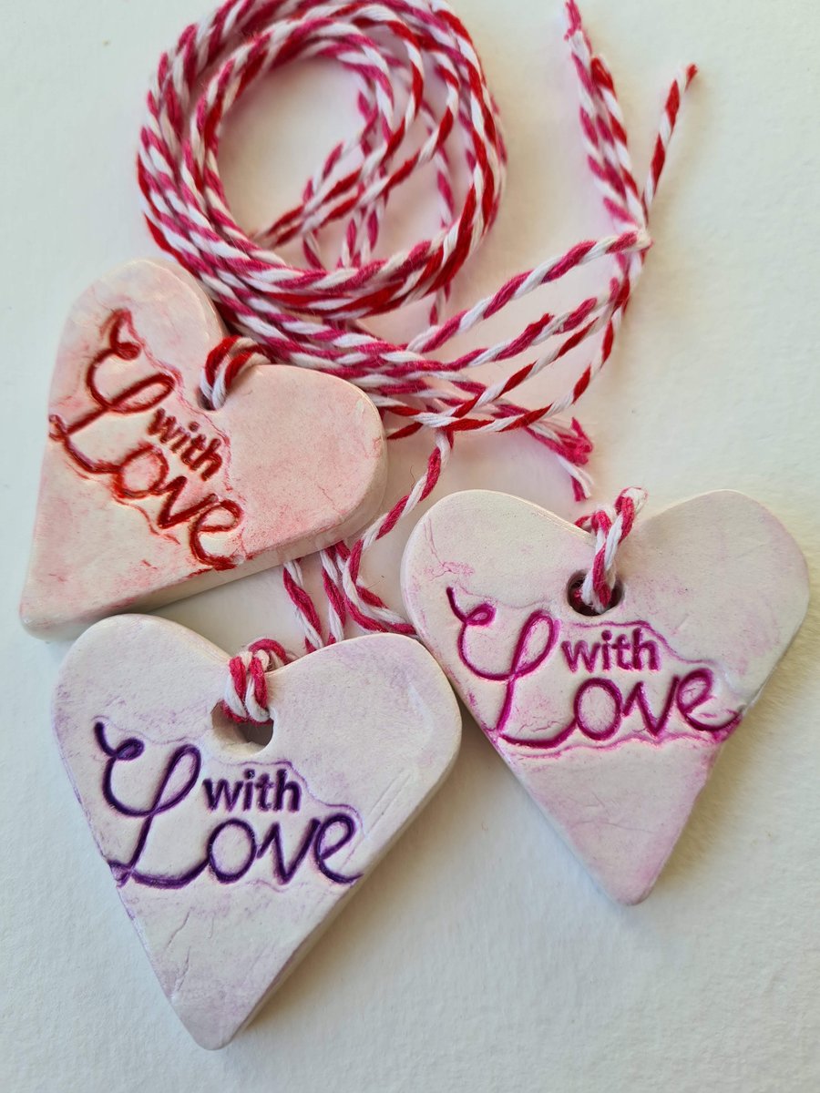 Heart clay gift tag hanging decoration red purple or pink FREE DELIVERY