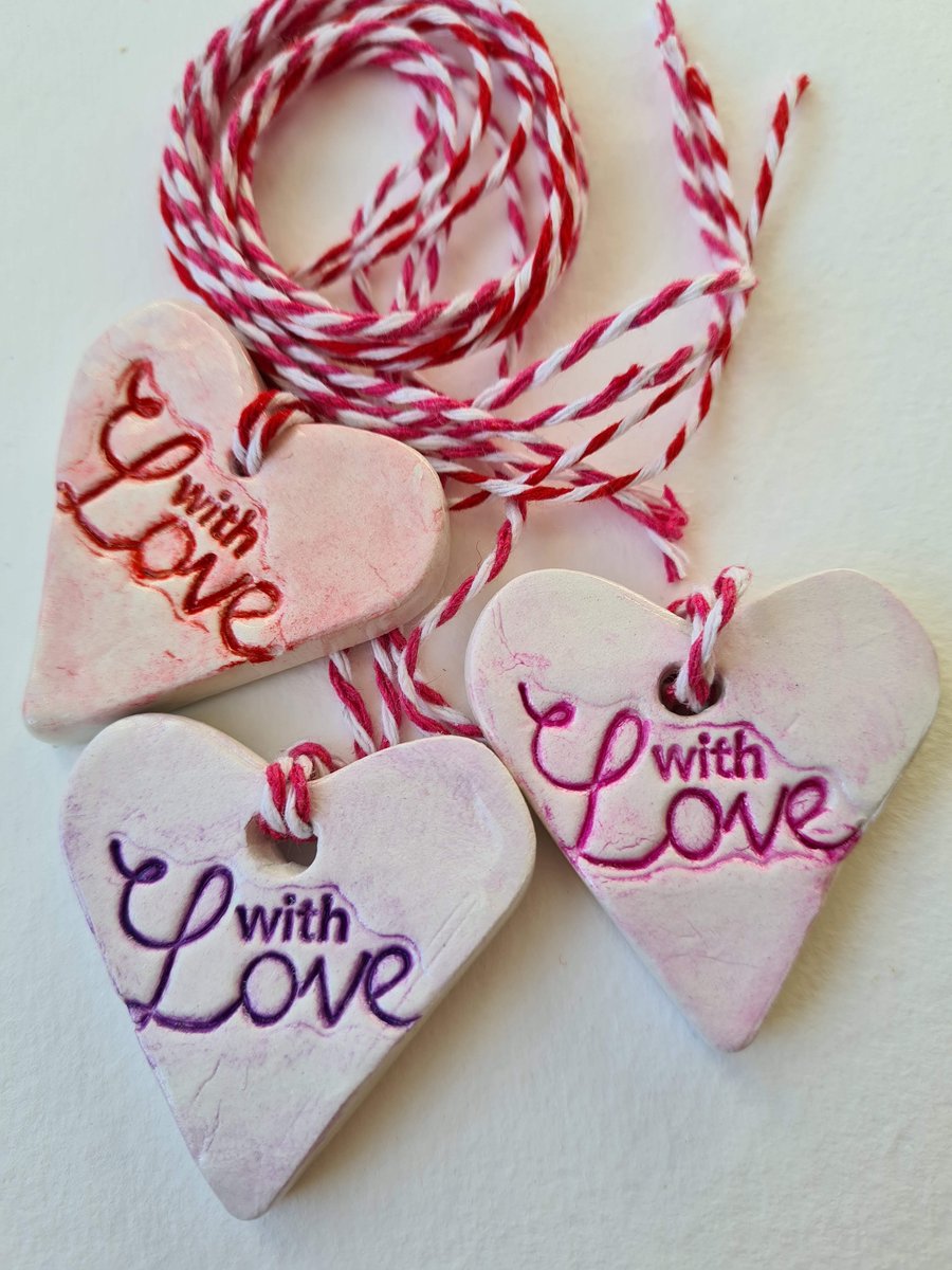 Heart clay gift tag hanging decoration red purple or pink anniversary valentine