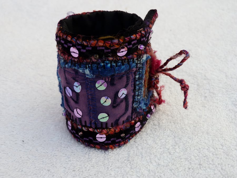 Upcycled Vintage Indian Textile Fabric Cuff. Beading. Purple. Boho Bracelet.