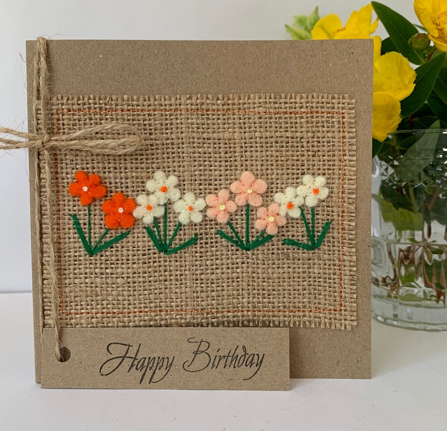 Birthday card. Delicate orange and peach flowers. Wool felt. Handmade Card.
