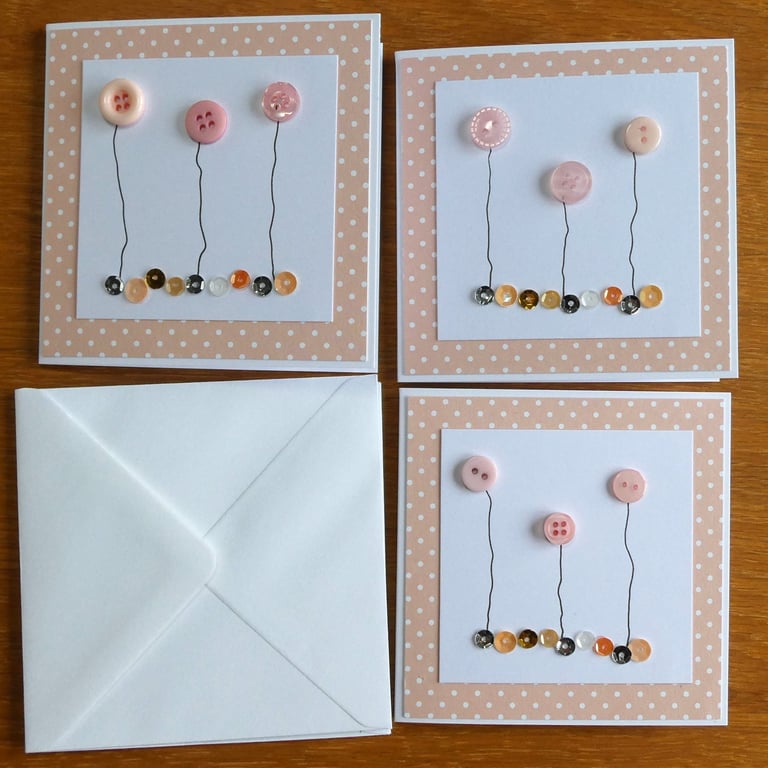 Pack of 3 Mini Blank Cards - Peach Button Flowers and Sequins