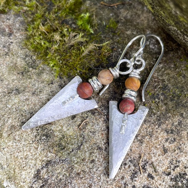 silver arrowhead tribal earrings with jasper
