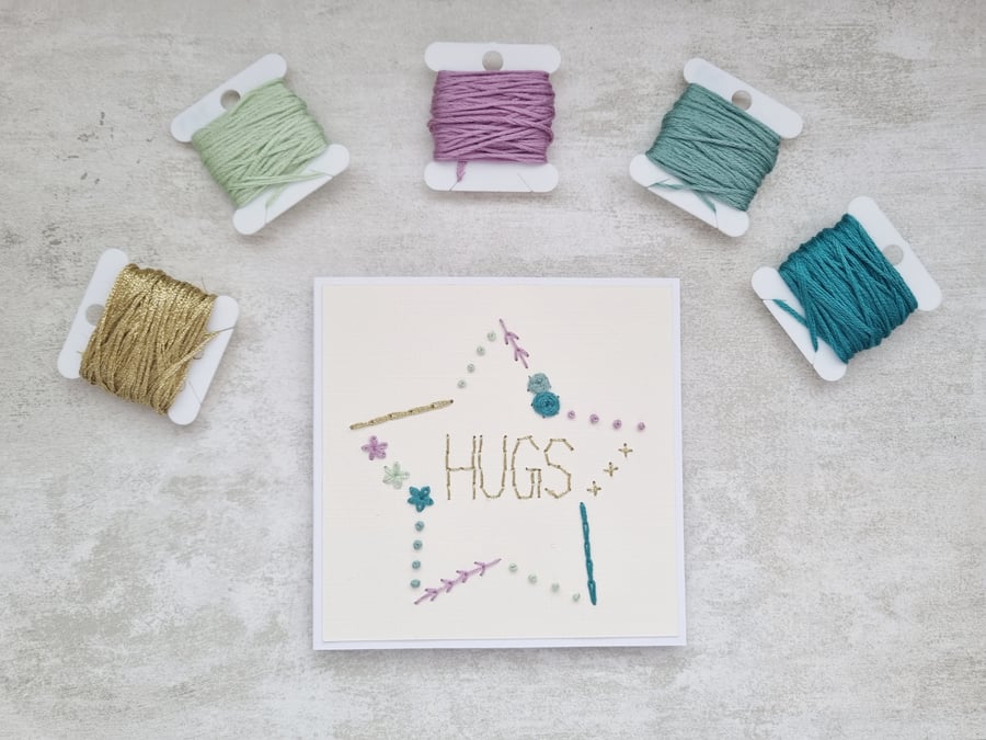 Hugs Embroidered Card, Hugs Hand Stitched Card, Hugs Keepsake Card
