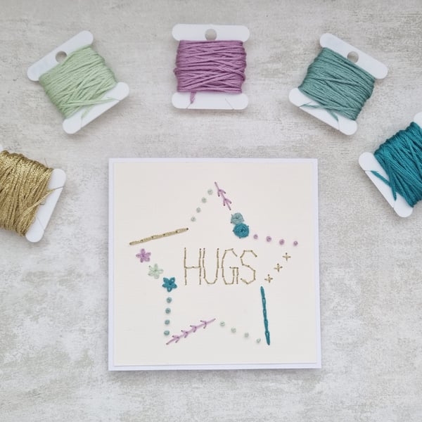 Hugs Embroidered Card, Hugs Hand Stitched Card, Hugs Keepsake Card