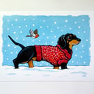 Festive Dachshund Wearing Christmas Jumper A4 Art Print