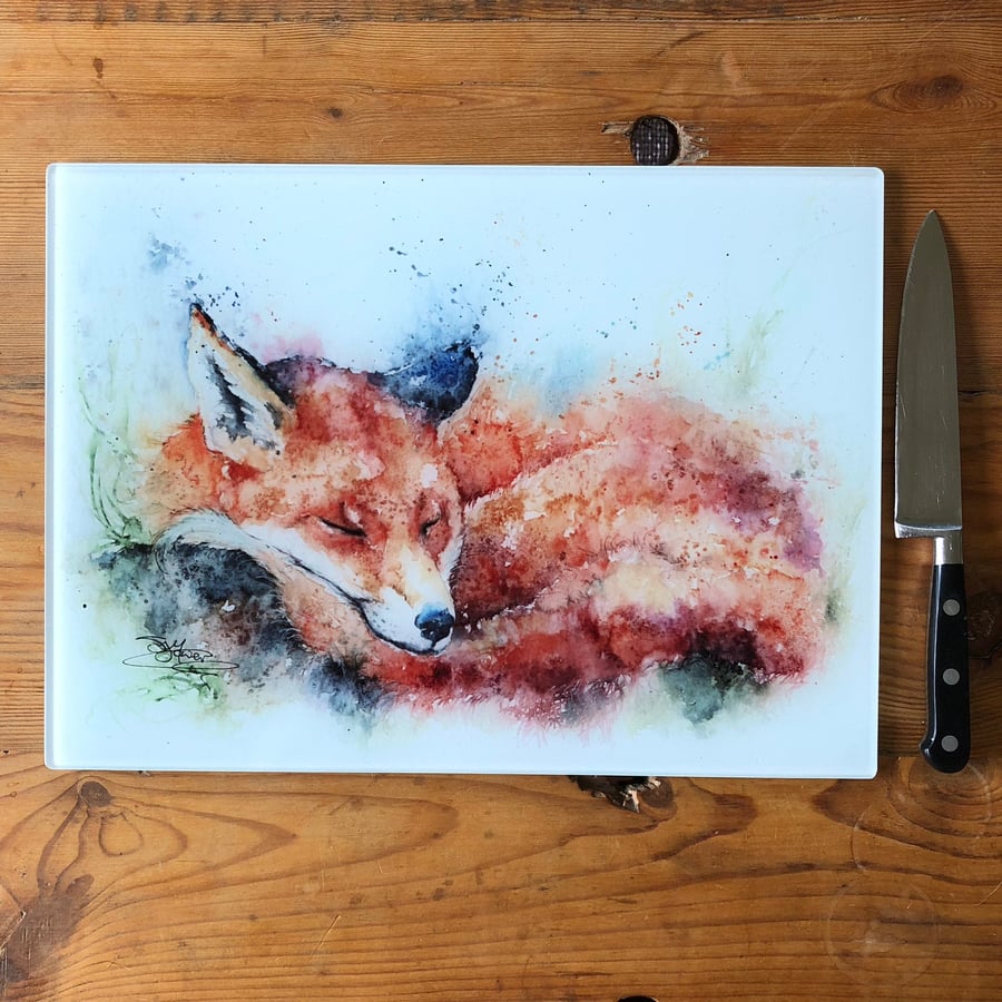 Sleeping Fox Glass Chopping Board, Kitchen Worktop Saver, Table Mat, Cutting Mat