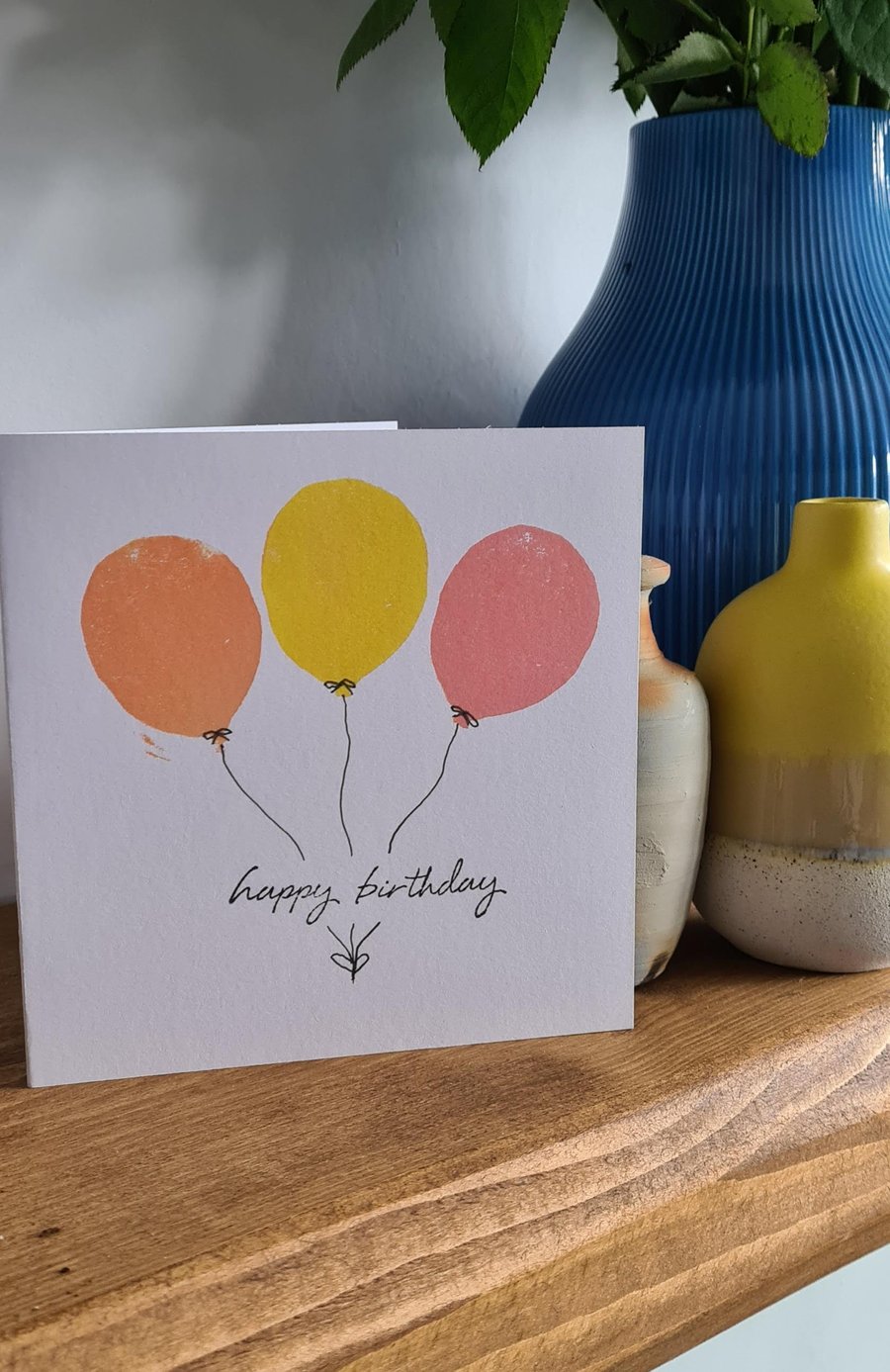 Three balloons birthday card 2 colour choices handprinted