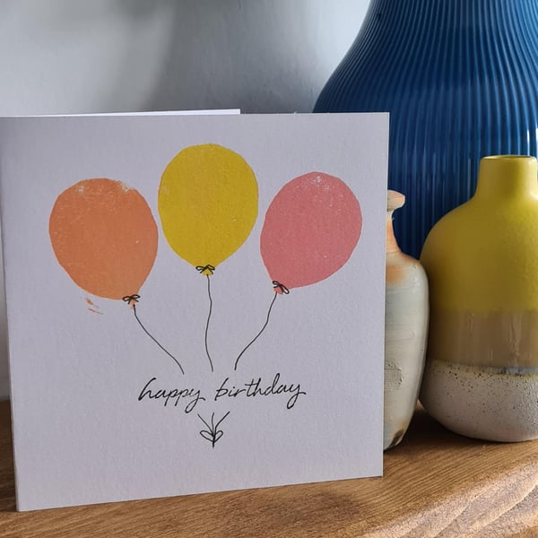 Three balloons birthday card 2 colour choices handprinted